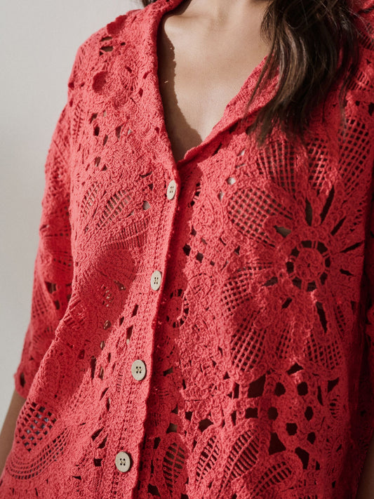 Red Floral Crochet Short Sleeve Collared Shirt