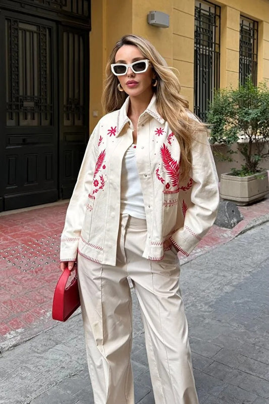 Natural Colored Embroidered Gabardine Jacket