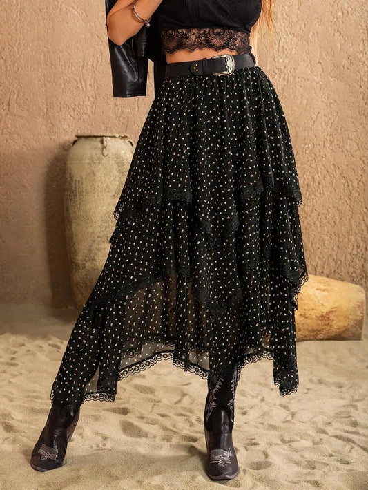 Rusttydustty Women's Black Polka Dot Asymmetric Vintage Romantic Skirt,