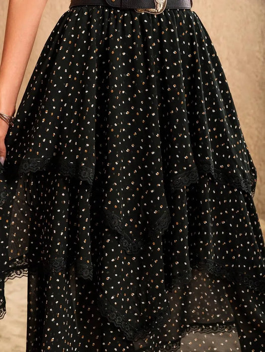 Rusttydustty Women's Black Polka Dot Asymmetric Vintage Romantic Skirt,