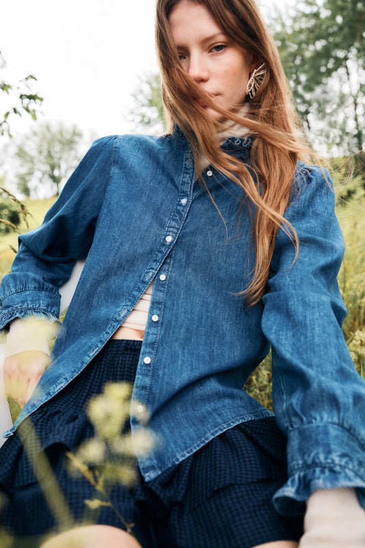 Frill-trimmed denim blouse