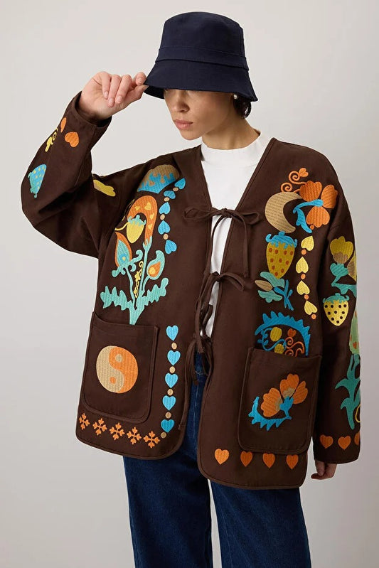Embroidered gabardine coat