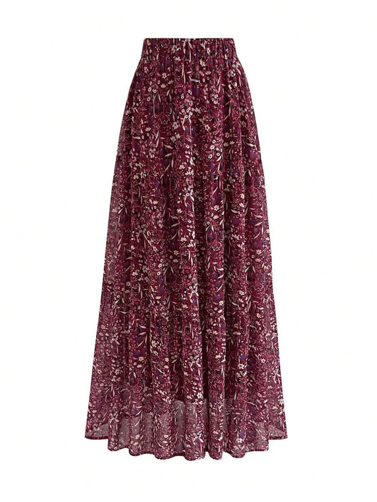 Burgundy navy Blue Ditsy Floral A-Line Skirt, High Waist Casual Loose Flared Skirt