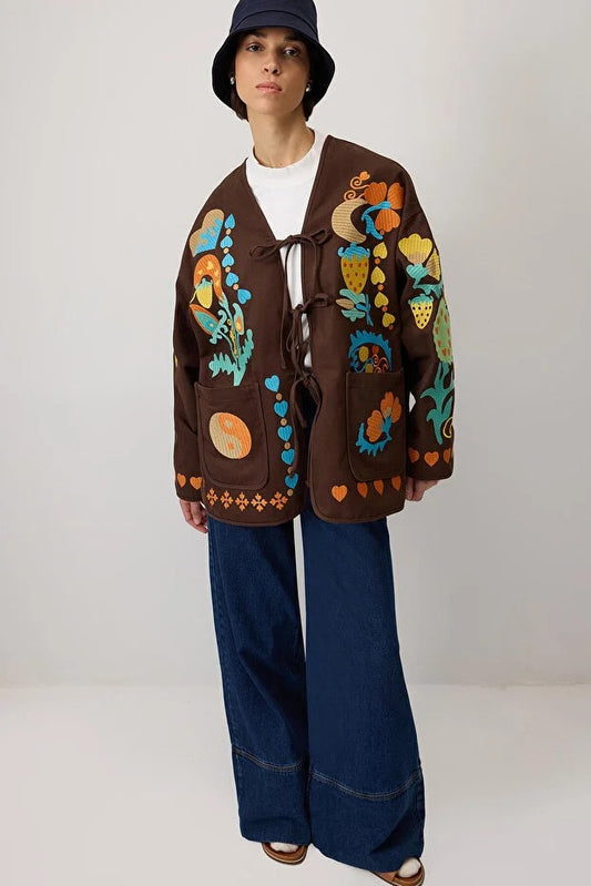 Embroidered gabardine coat