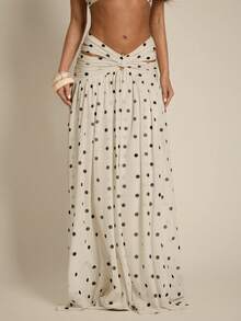 Women's Beige Polka Dot Autumn Flowy Skirt,