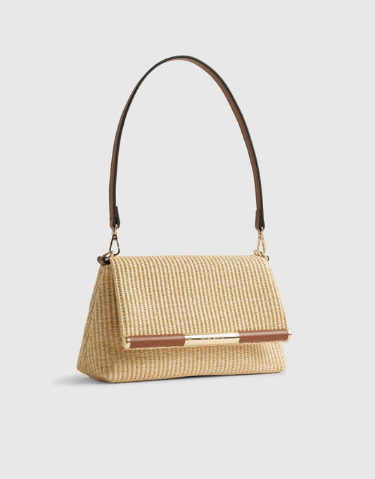 River Island Raffia bar front shoulder bag in beige