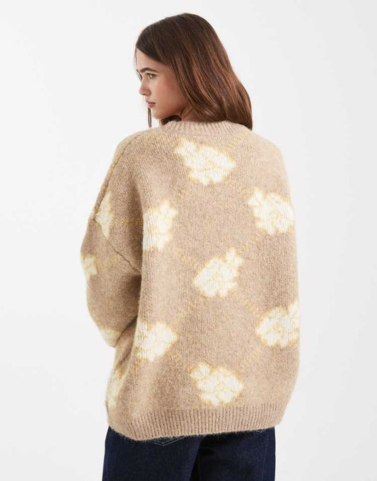 Oversized sweater in yellow floral pattern in wool