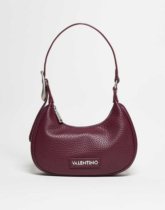 Valentino Willowy Re textured shoulder bag with crossbody strap and buckle detail in burgundy - BURGUNDY
