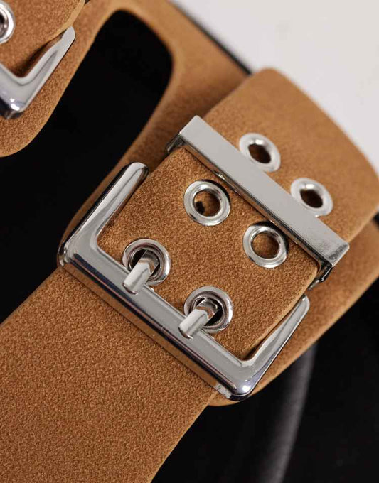 London Rebel Wide Fit Morgan double buckle flat sandals in tan