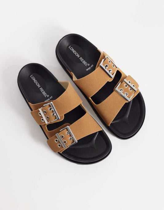 London Rebel Wide Fit Morgan double buckle flat sandals in tan