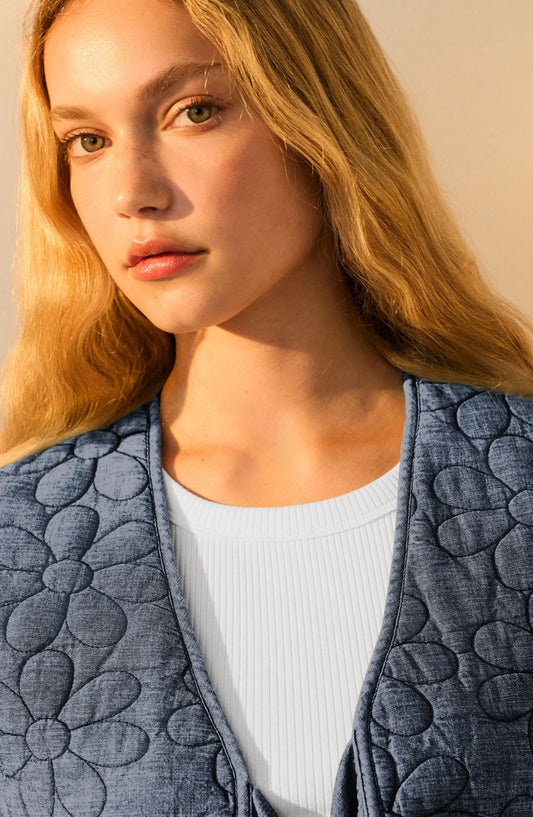 Blue Denim Padded Daisy Embroidered Tie Front 100% Cotton Gilet