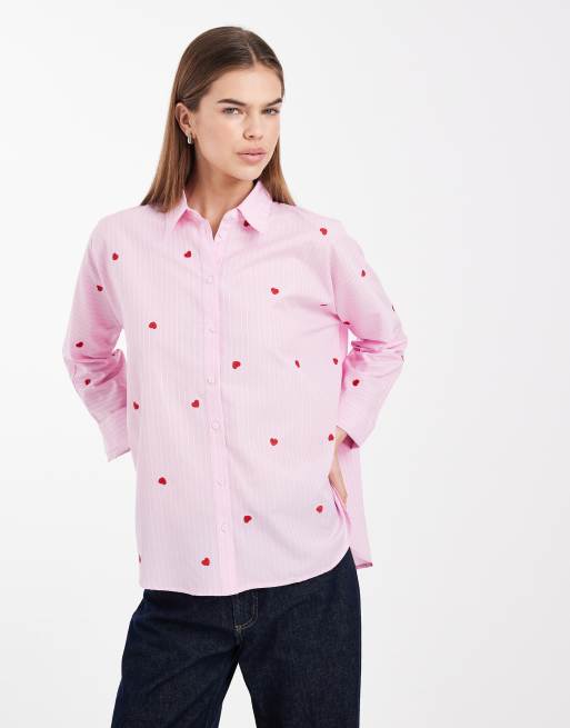 ONLY heart embroidery shirt in light pink stripes