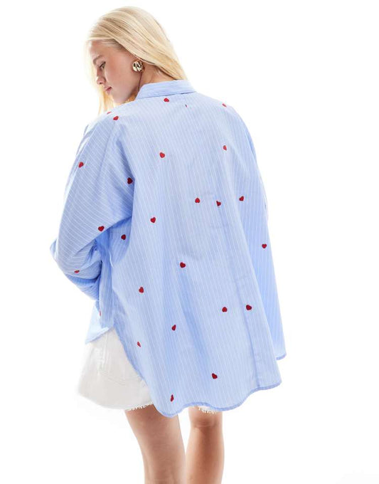 ONLY heart embroidery shirt in blue stripes
