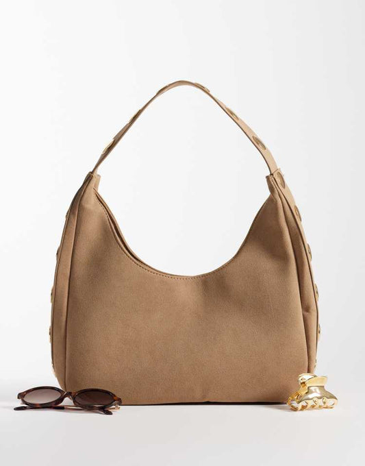 My Accessories faux suede slouchy studded shoulder bag in cream
