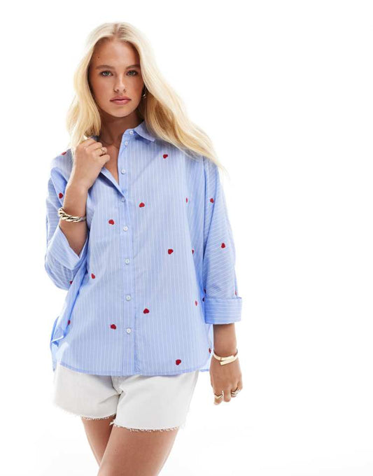 ONLY heart embroidery shirt in blue stripes