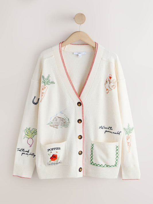 Ecru Embroidered Supersoft V-Neck Cardigan With Pockets