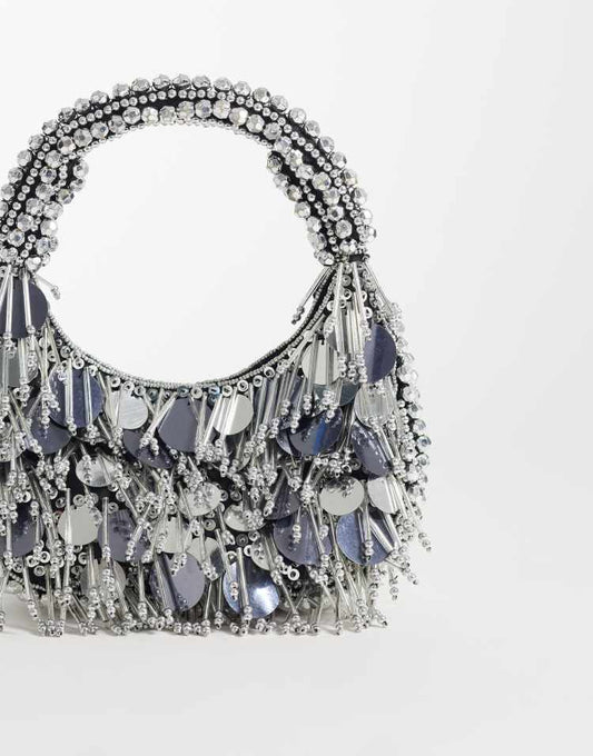 Embellished scoop sequin and bead bag in silver