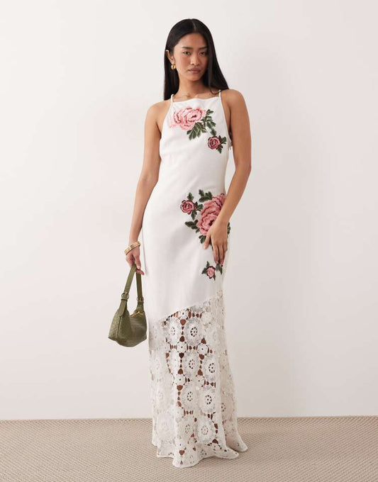 ASOS DESIGN racer neck embroidered detail crochet hem maxi dress in white