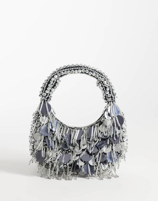 Embellished scoop sequin and bead bag in silver
