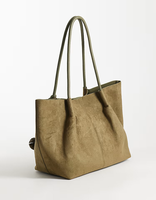 ASOS DESIGN faux suede tubular handle tote bag with internal pouch and detachable charm detail in green
