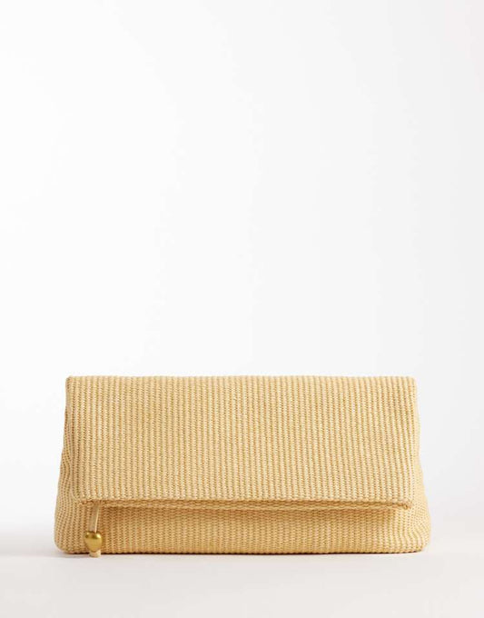 Elongated straw clutch bag with ball hardware in natural