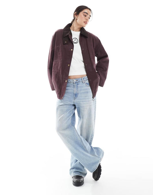 ASOS DESIGN waxed cinched waist jacket with contrast collar in plum