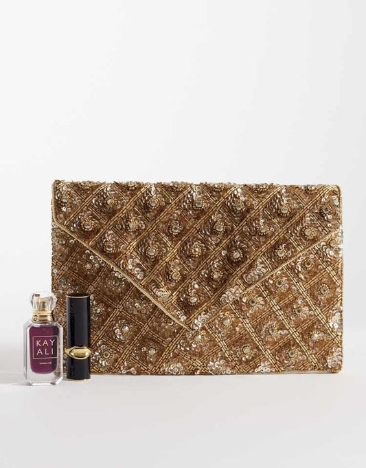 True Decadence embellished envelope clutch bag in gold