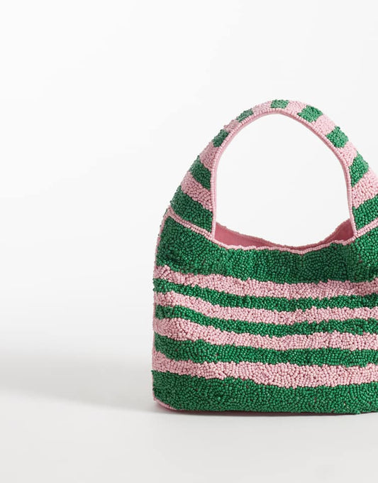 Embellished beaded sardine fish grab bag in pink and green stripe