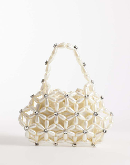 River Island flower pearl beaded grab bag in cream