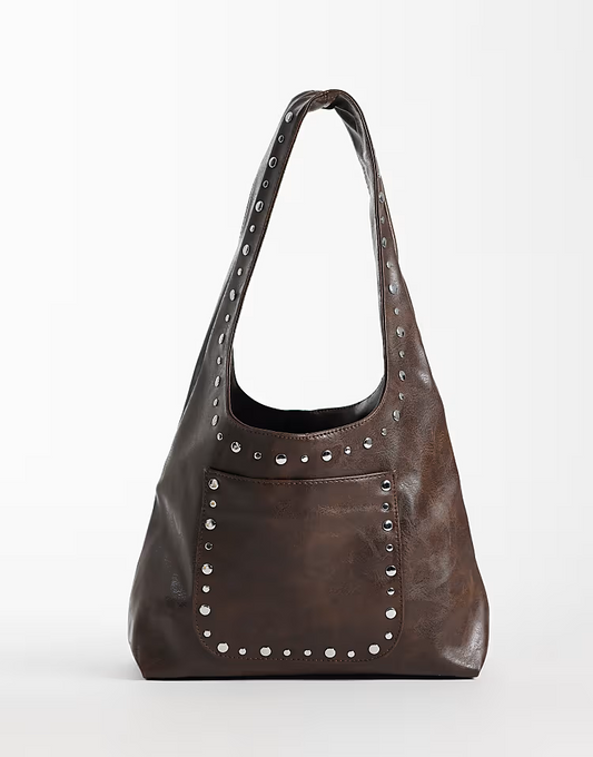 Kaiia exclusive faux leather silver studded pocket detail shoulder bag in washed brown