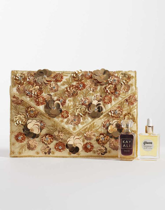 True Decadence satin envelope clutch bag with sequin detail in gold