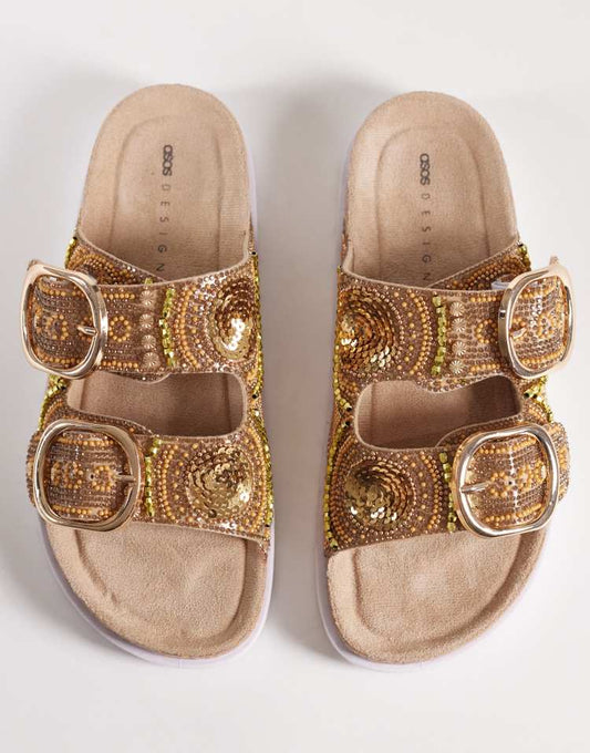 ASOS DESIGN Frost beaded double strap sandal in gold