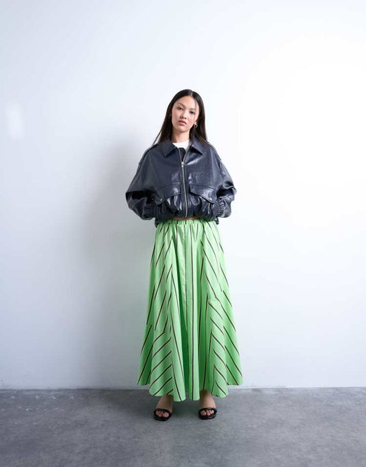 Topshop elasticated waist poplin full midi skirt in green and yellow stripe