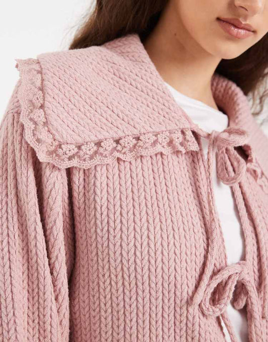 Miss Selfridge tie front cardigan with lace trim collar in pink
