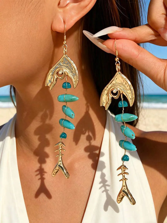 Fishbone Shaped Faux Beaded Long Dangle Earrings
